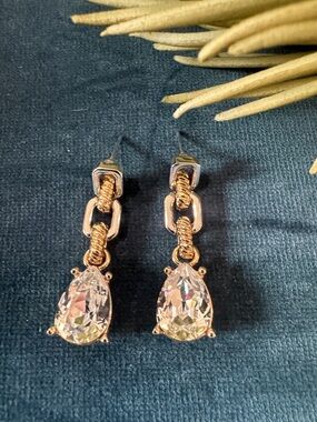 Plated Silver and Gold Teardrop Faux Crystal Drop Earrings - Fashion Jewelry